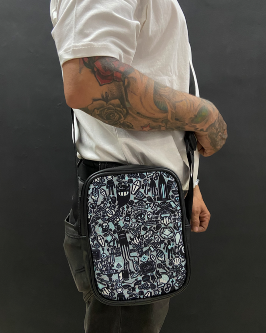 Grey Doodle Faux Leather Side Sling Bag