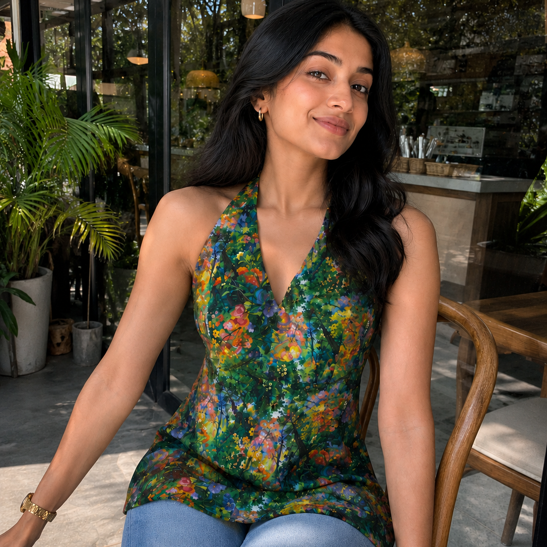 A woman sitting at a cafe table wearing a sleeveless halter top with a vibrant multicolor floral print on a dark green base, paired with light blue jeans.