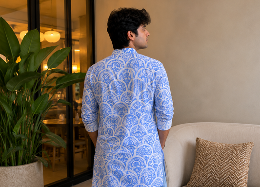 Man wearing a blue patterned shirt standing in a living room with a plant and sofa.