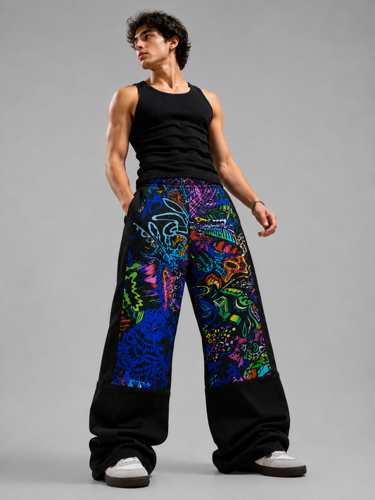 Person wearing a black tank top and colorful pants on a gray background