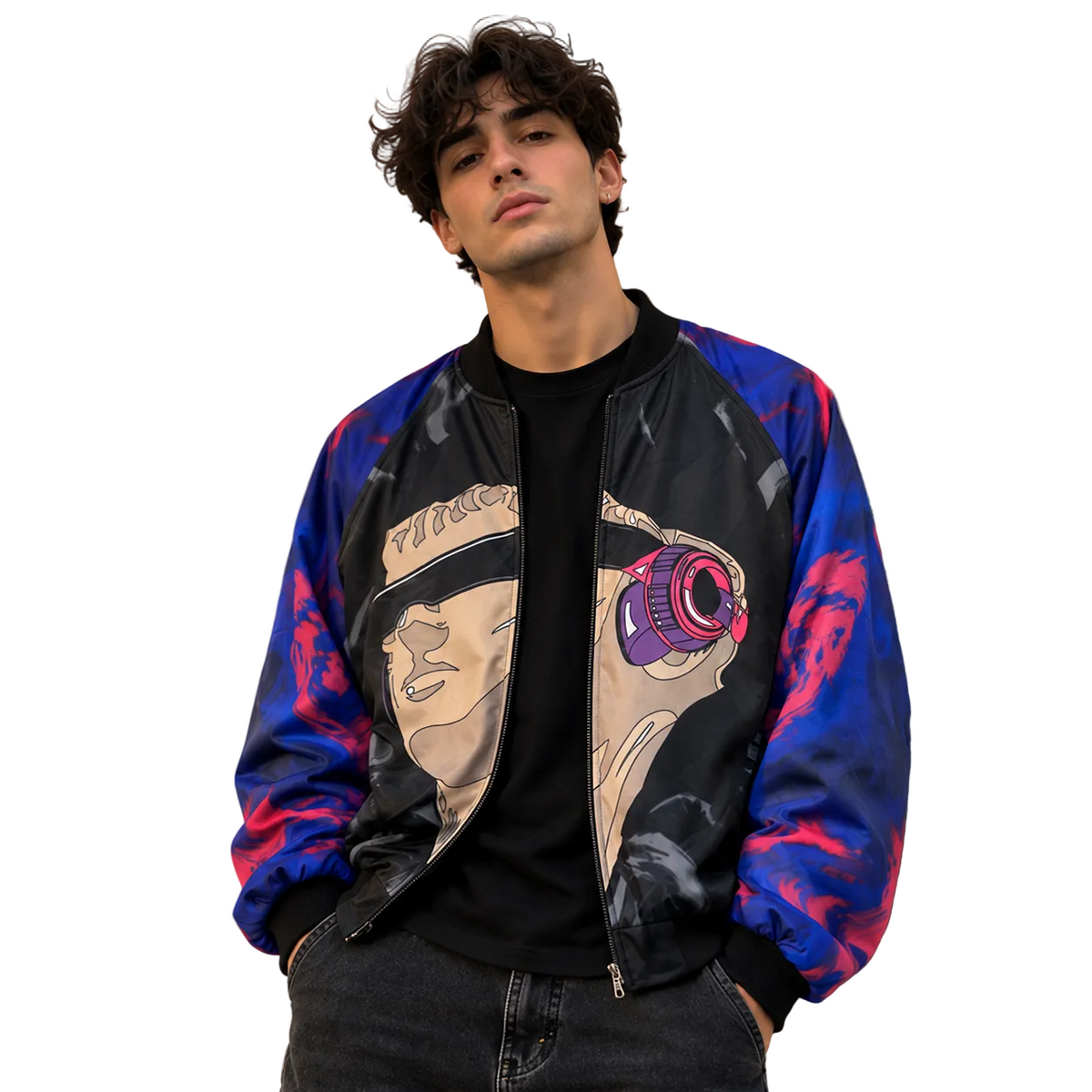A man wearing a colorful graphic bomber jacket with blue, purple, and red flame patterns and a stylized face print, posing against a textured stone wall.