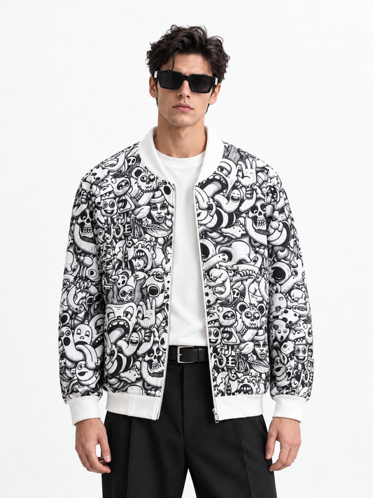 White Doodle Bomber Jacket