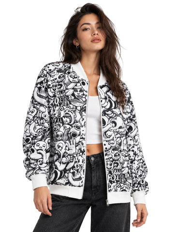 White Doodle Bomber Jacket Women