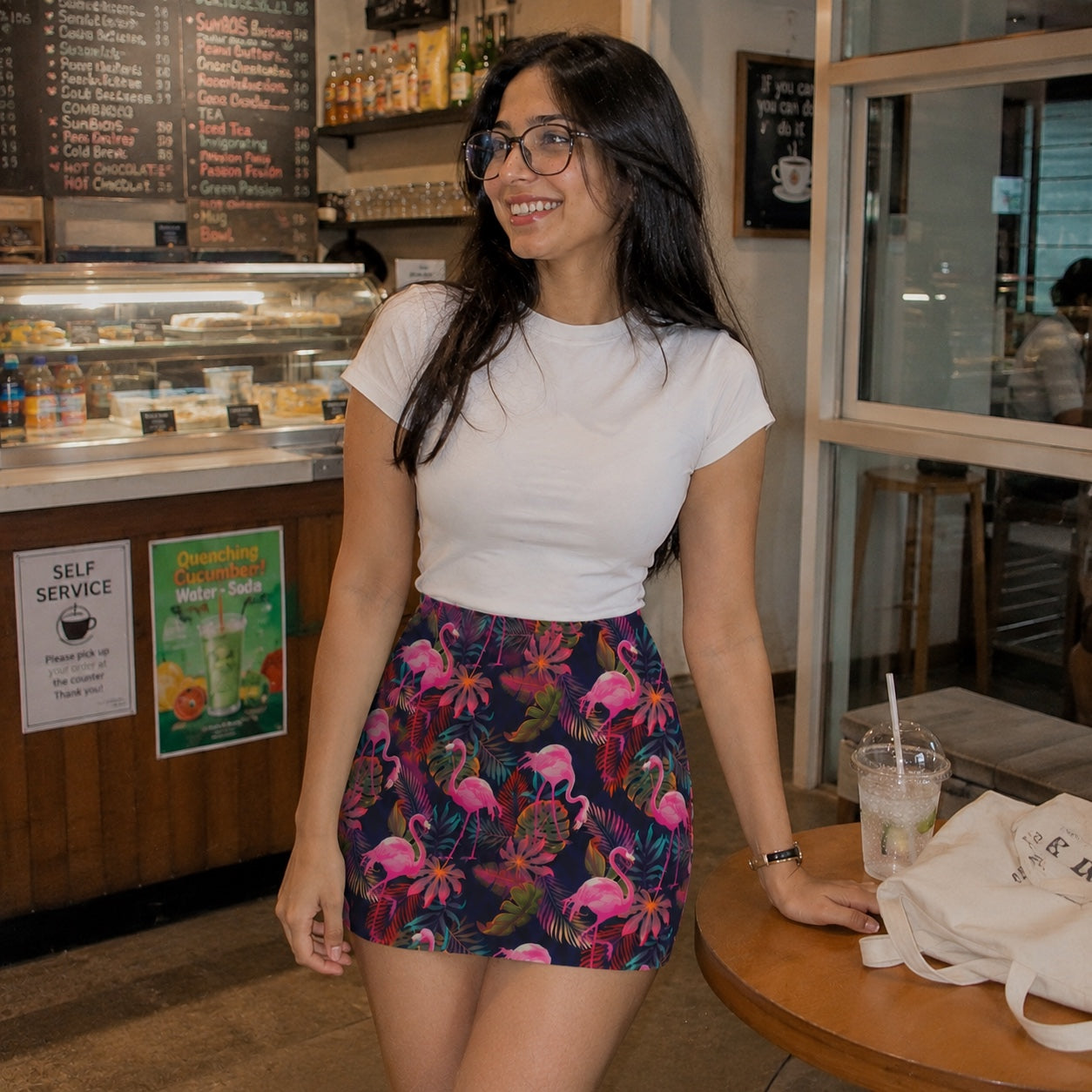 Woman in a white t-shirt and colorful Flamingo skirt standing in a cafe.