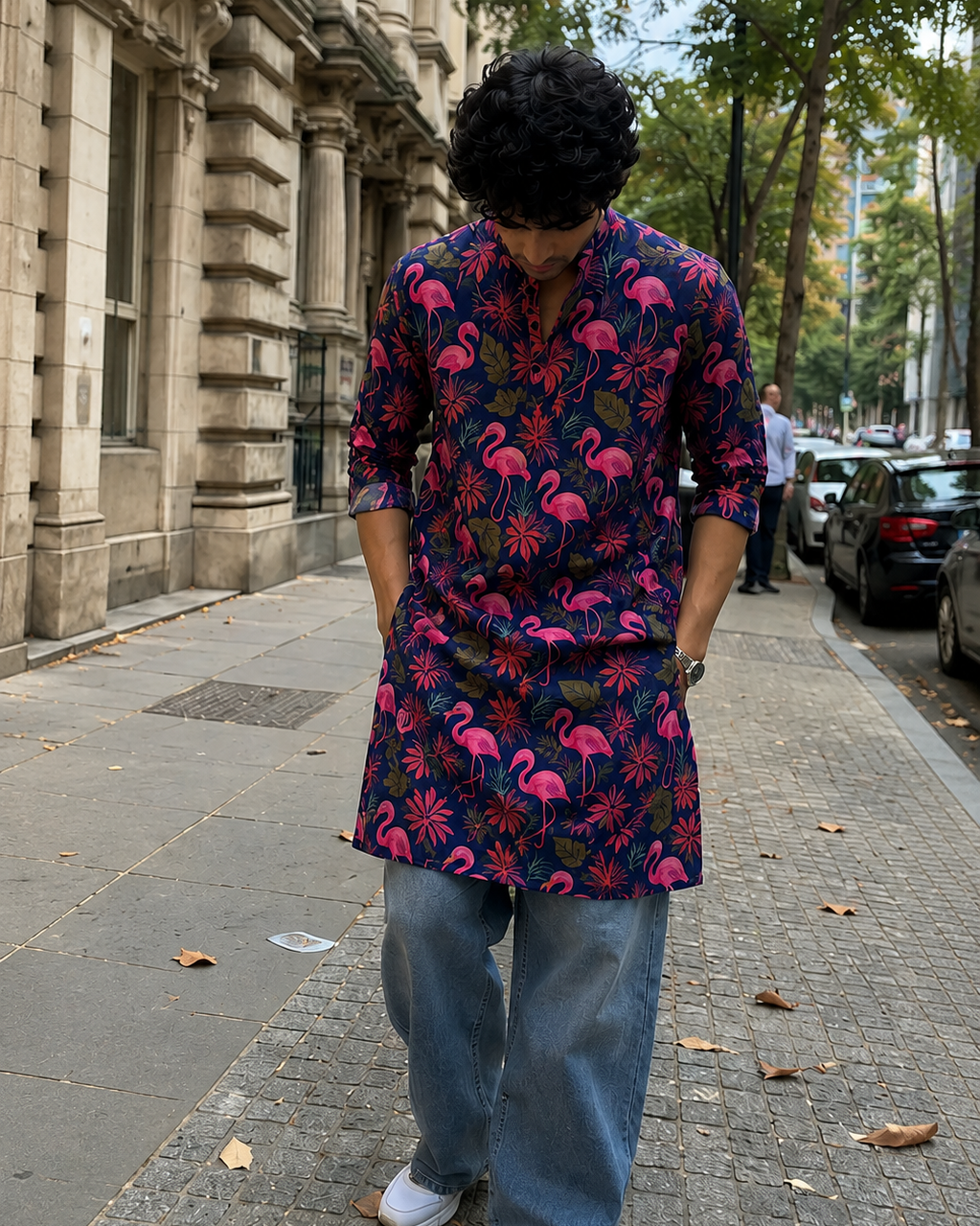 Person wearing a colorful flamingo kurta on a city street.