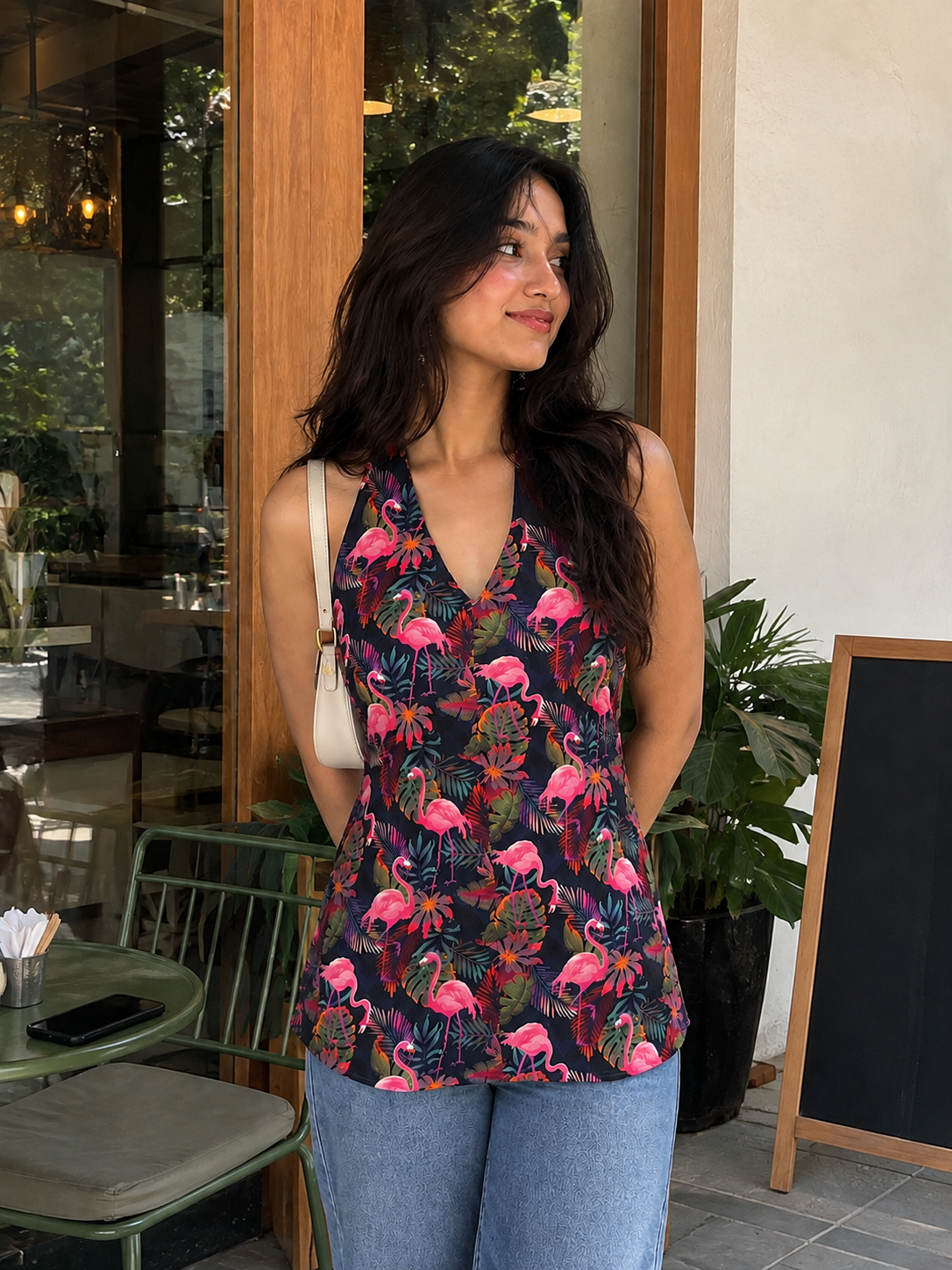 A woman wearing a sleeveless V-neck top with a vibrant pink flamingo and tropical leaf pattern on a dark background, paired with light blue jeans, standing in front of a cafe storefront.