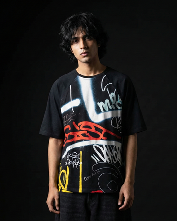 Neon Graffiti Black Oversized Raglan T-shirt 50% off