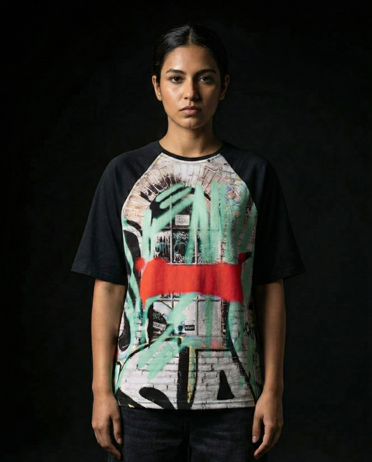 Barred Graffiti Oversized Raglan T-shirt