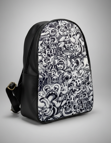 White Doodle D Faux Leather Backpack
