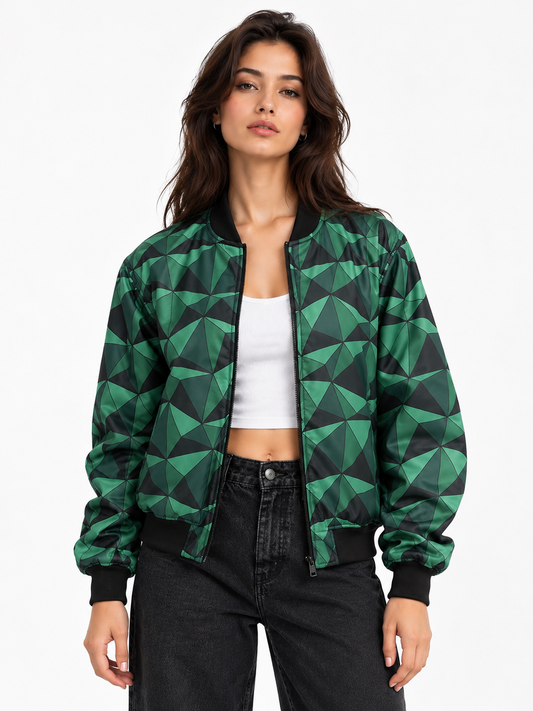 Geometric Green Bomber Jacket women