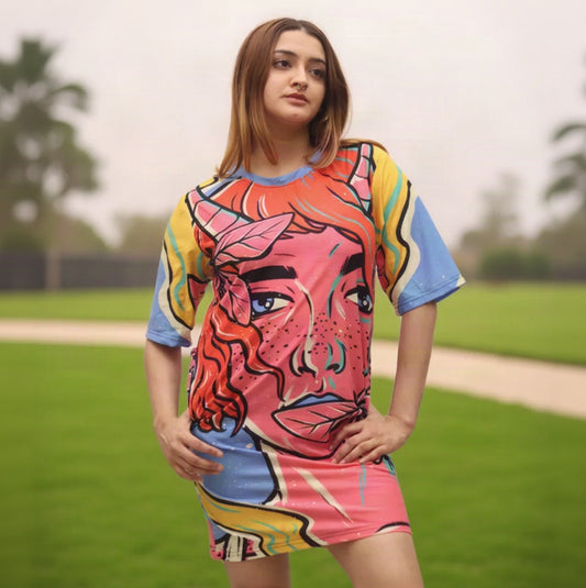 A woman modeling a short-sleeve t-shirt dress featuring a vibrant pop-art graphic print of a woman's face in pink, orange, yellow, and blue on a solid light beige background.