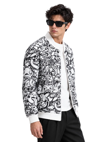 White Doodle Bomber Jacket