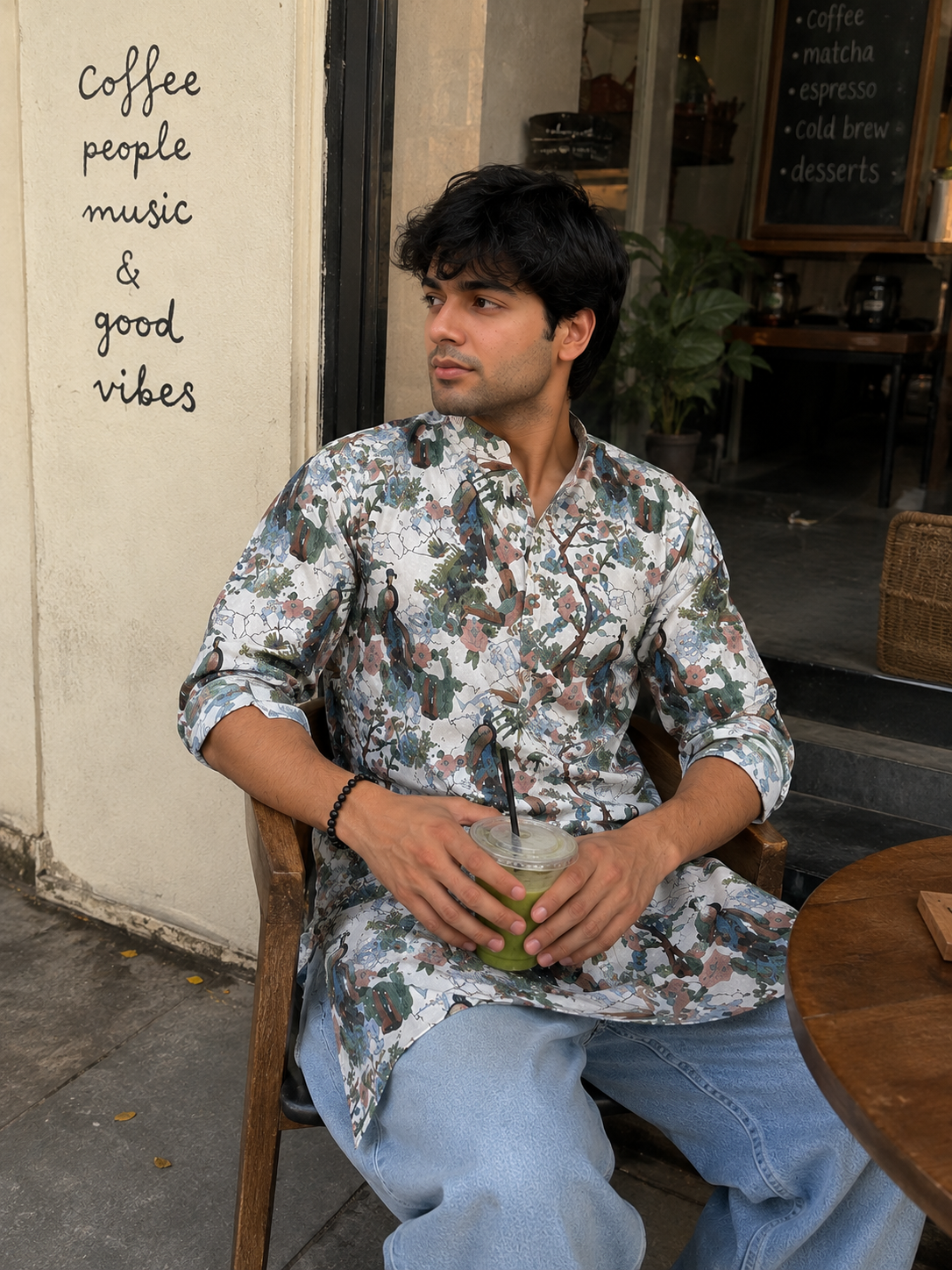 Man sitting outside a cafe in printed kurta holding a drink, with text 'Coffee people music & good vibes' on the wall. 