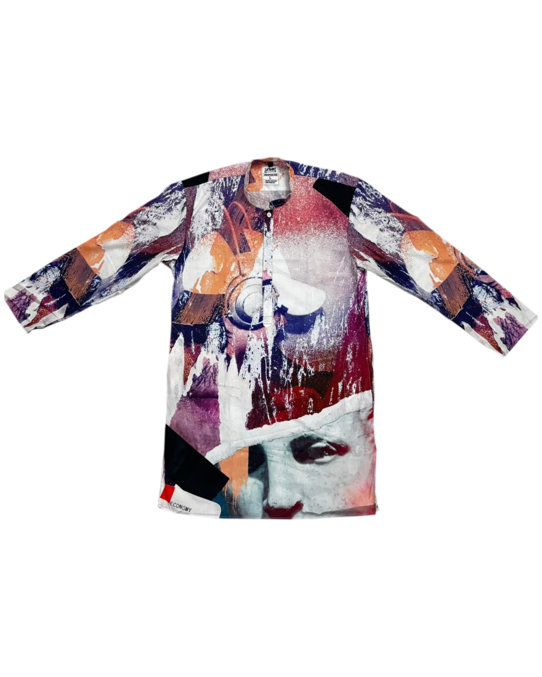 Colorful graphic kurta with abstract design on a white background