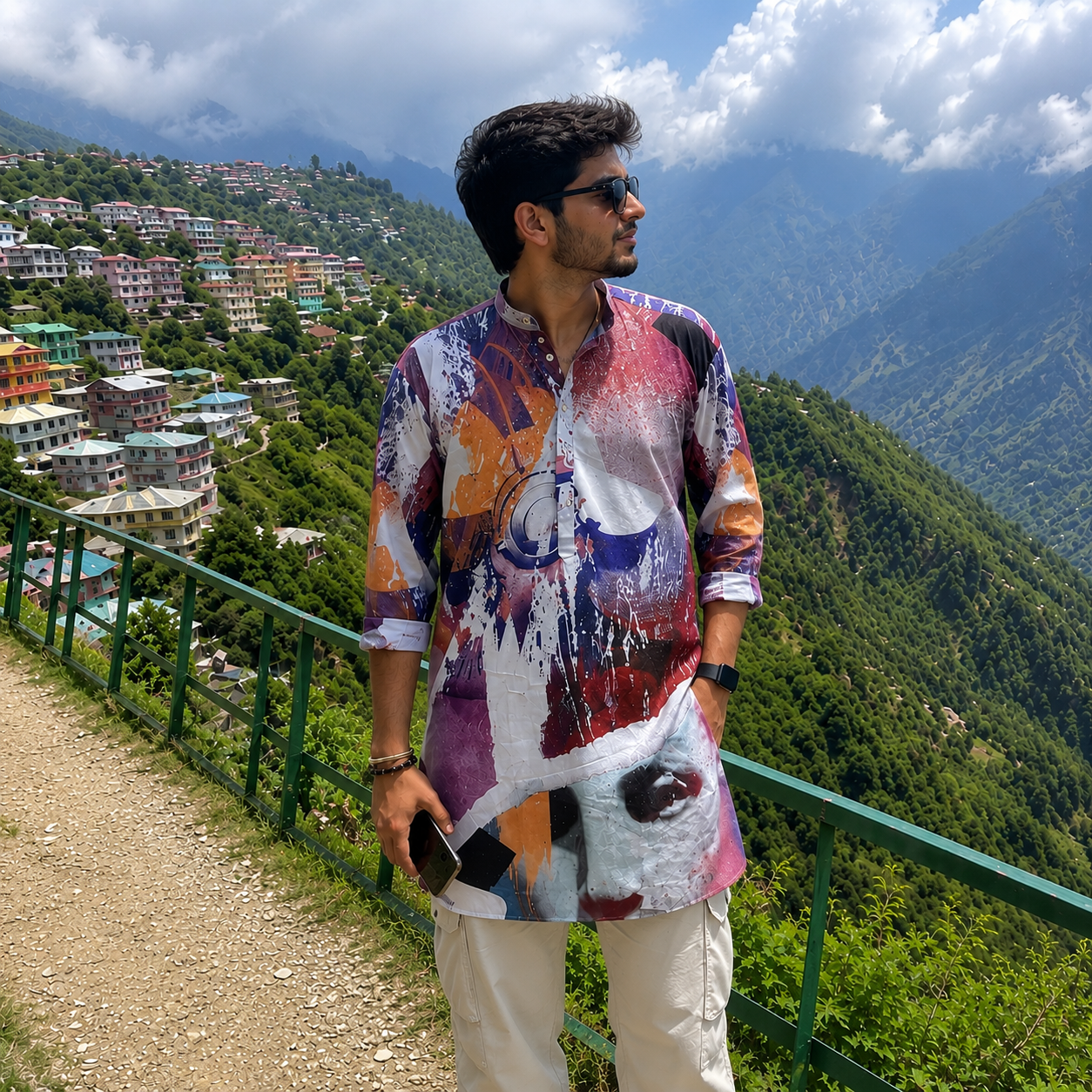 Man in a colorful kurta standing on a mountain path with a scenic view of houses and mountains.