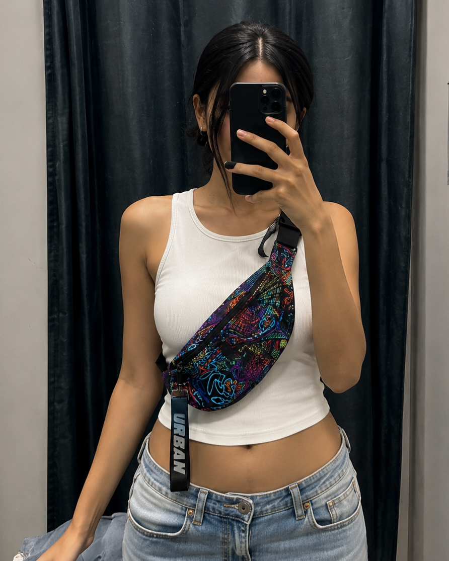 Person taking a mirror selfie wearing a white tank top, blue jeans, and a colorful bag with a visible brand name.