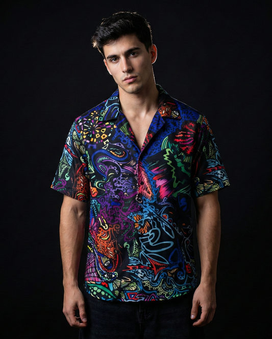 Man wearing a trippy patterned shirt against a black background