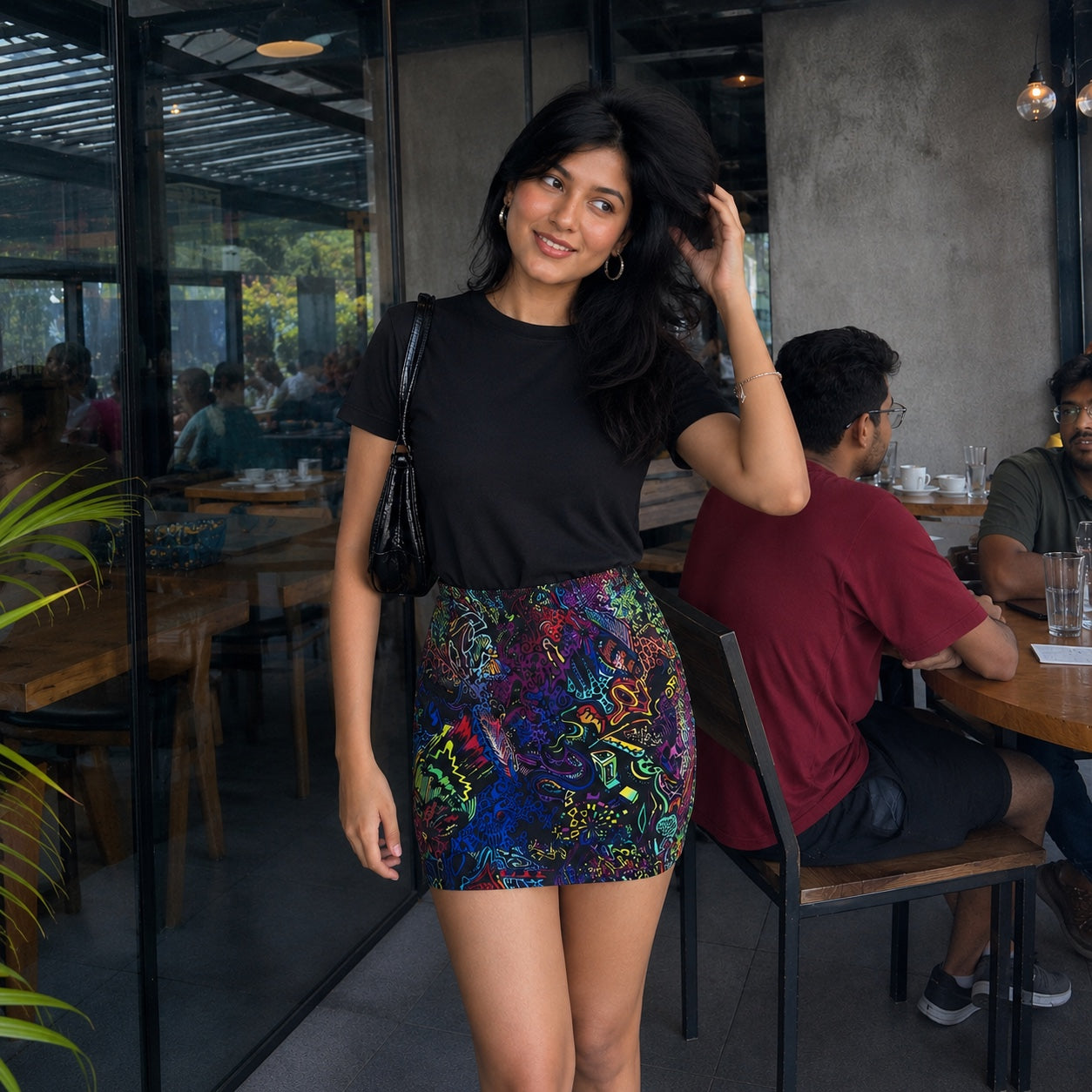 Woman posing in a acid trip  skirt and black top in a restaurant setting