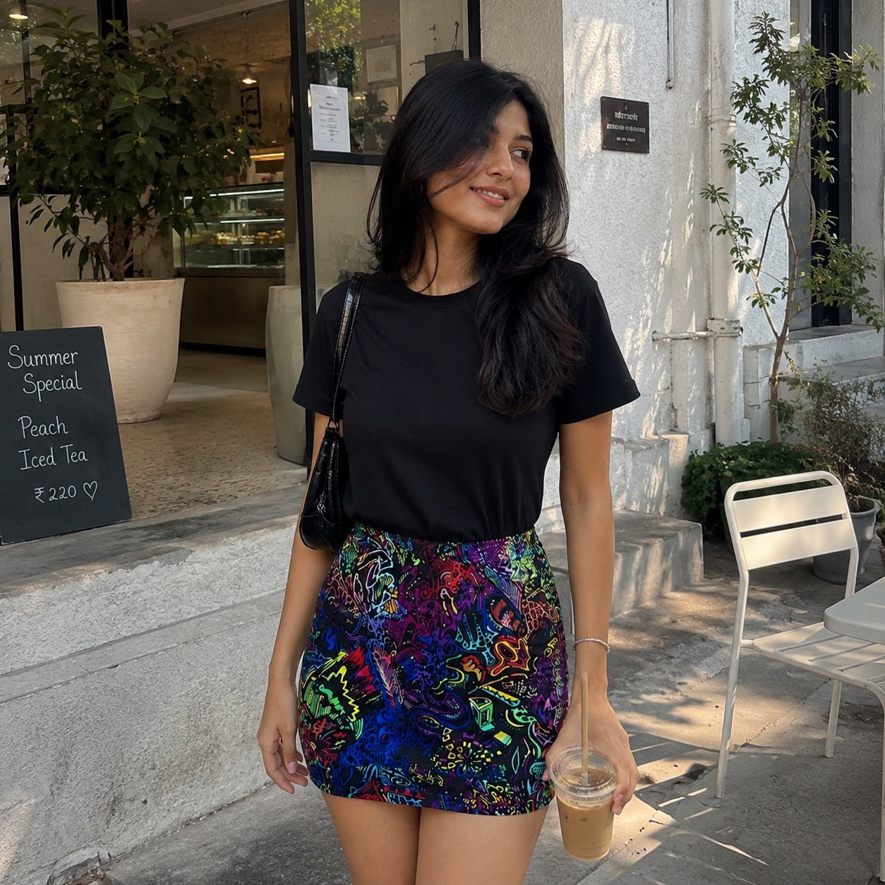 Woman in a Acid trip skirt and black top standing outside a building with plants and a chalkboard sign.