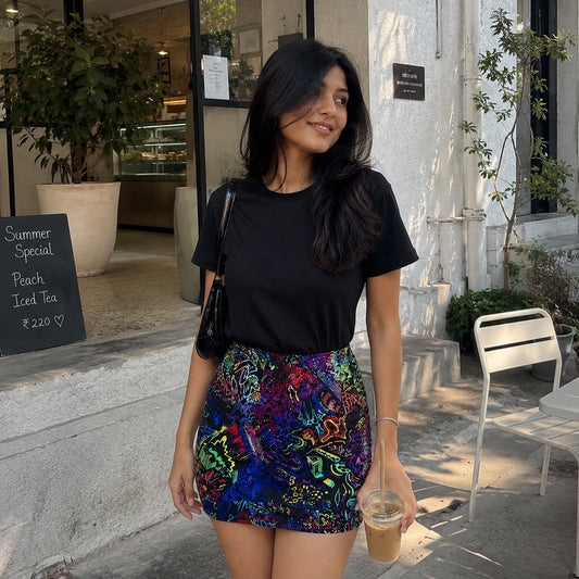 Woman in a Acid trip skirt and black top standing outside a building with plants and a chalkboard sign.
