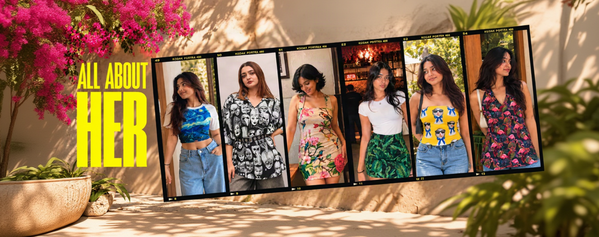 A promotional collage with the text 'ALL ABOUT HER' in large yellow letters on the left and five vertical panels showing a woman modeling different outfits. The panels include a blue graphic top with jeans, a black-and-white patterned dress, a floral dress, a white top with green bottoms, a yellow graphic top with jeans, and a floral sleeveless top.