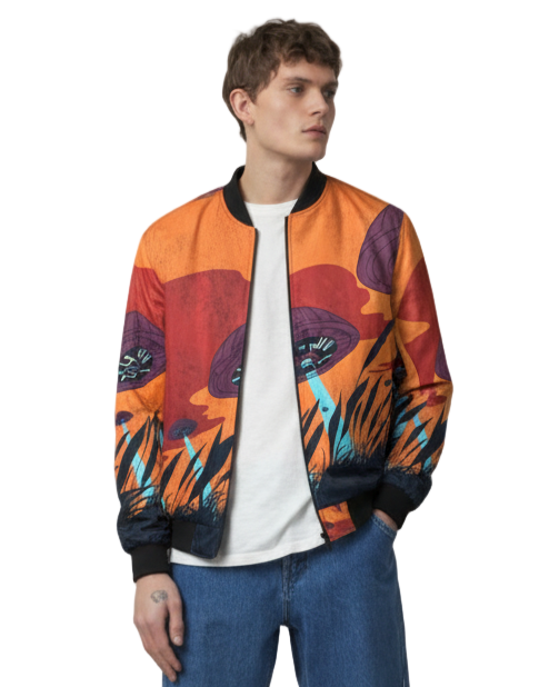 Person wearing a colorful jacket with abstract patterns on a white background