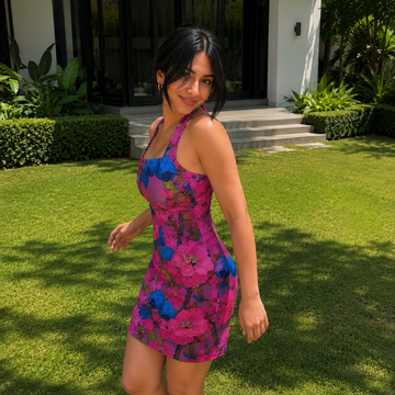 A woman wearing a vibrant pink and blue floral halter mini dress stands on a green lawn in front of a modern house.