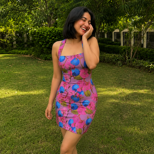 A woman stands on a grassy lawn wearing a pink mini dress with a blue and yellow abstract pattern, paired with white slide sandals. Trees and hedges are visible in the background.