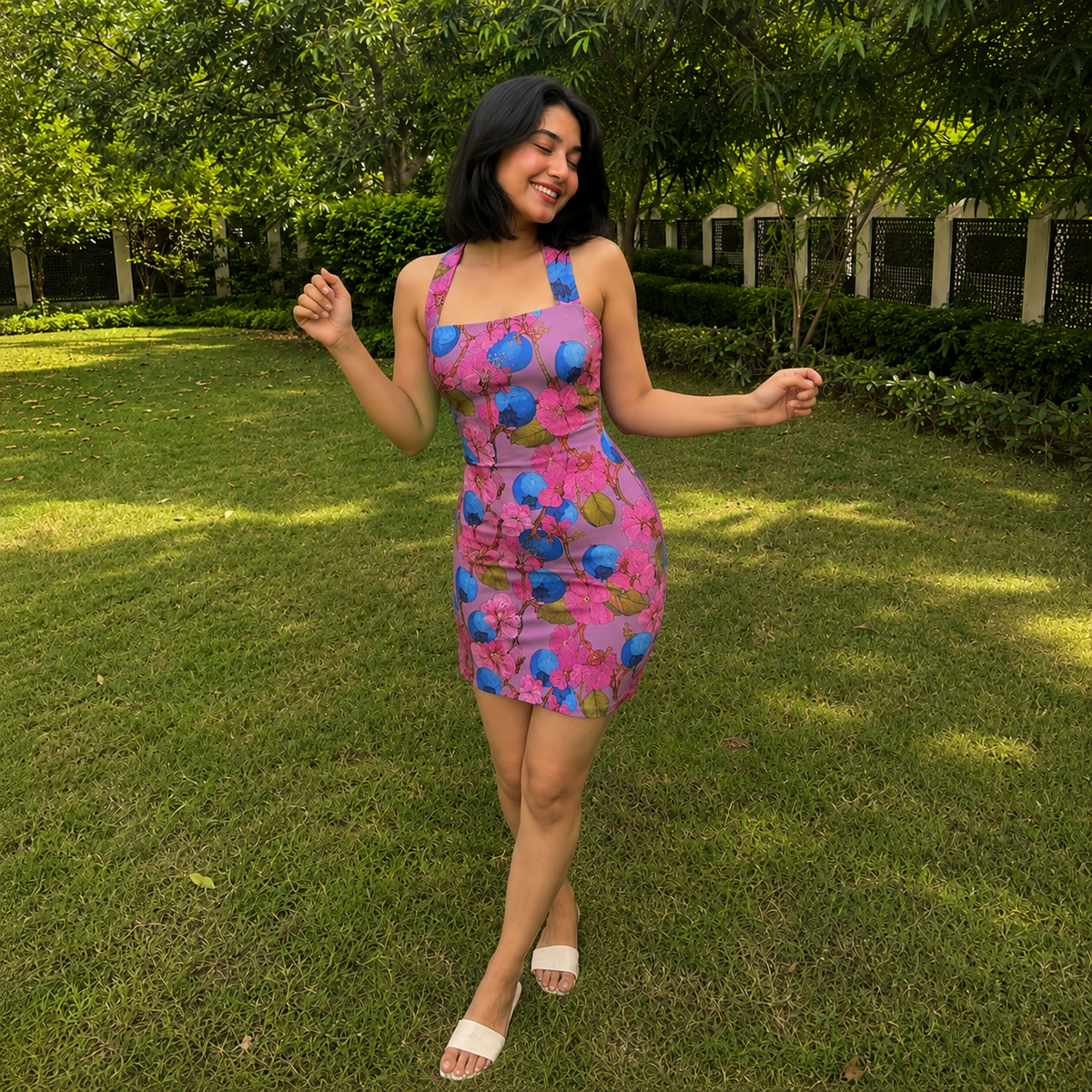 A woman wearing a pink floral mini dress with blue and green fruit prints, standing on a grassy lawn with trees in the background.