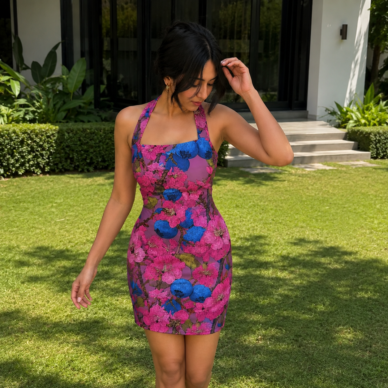 A woman wearing a vibrant pink and blue floral halter mini dress stands on a green lawn in front of a modern house with black glass doors.