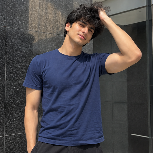 Blue 100% Cotton solid T-shirt