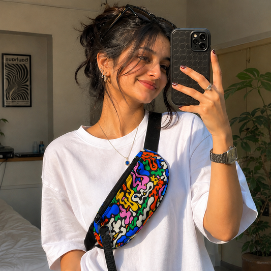 Woman taking a mirror selfie with a colorful bag and phone case.