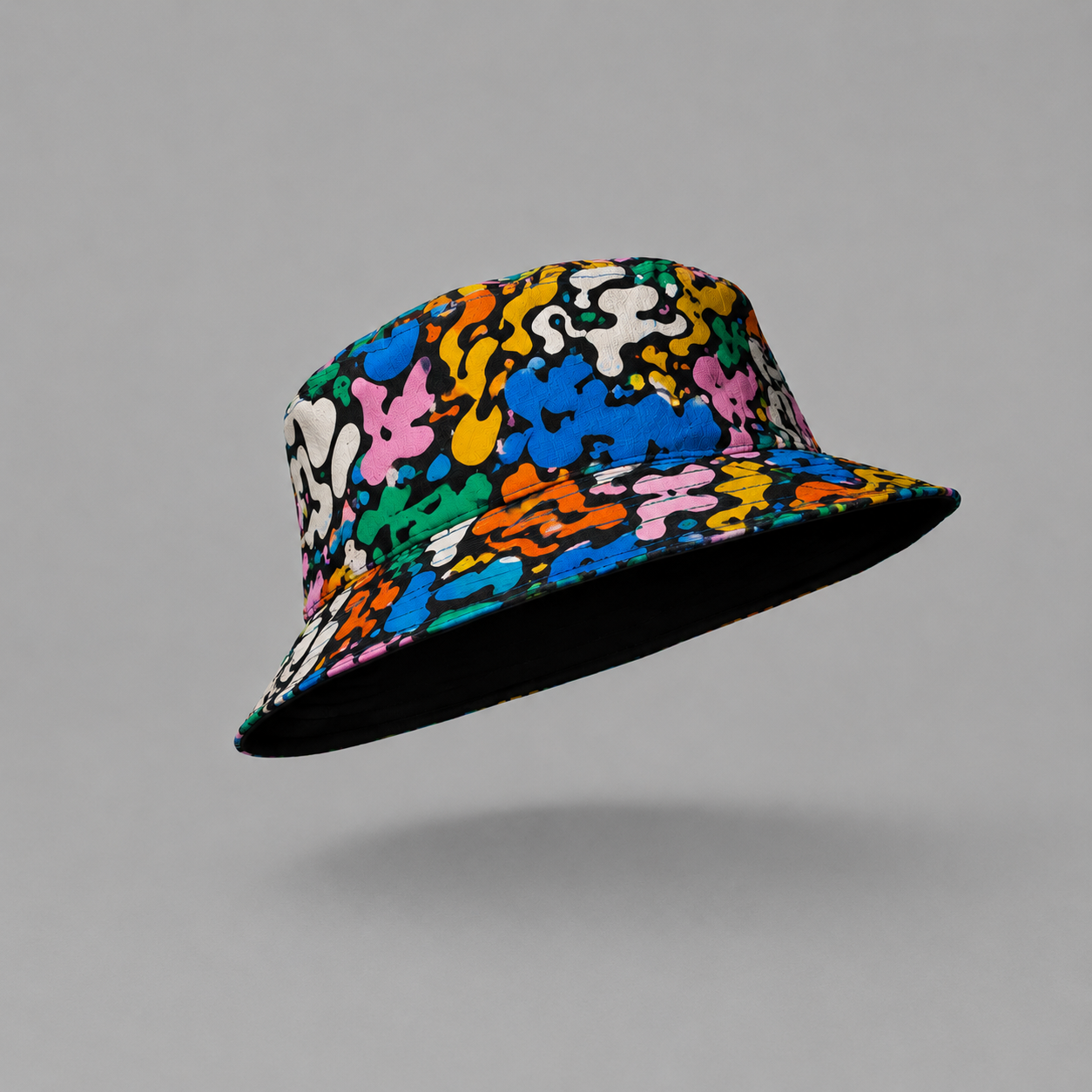 Colorful bucket hat with abstract pattern on a gray background