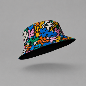 Colorful bucket hat with abstract pattern on a gray background