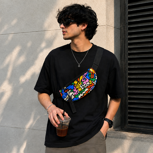 Person wearing a black t-shirt with a colorful bag, standing against a gray wall.
