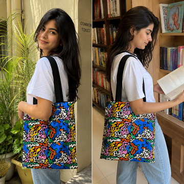 Woman holding a colorful patterned bag in two different settings.