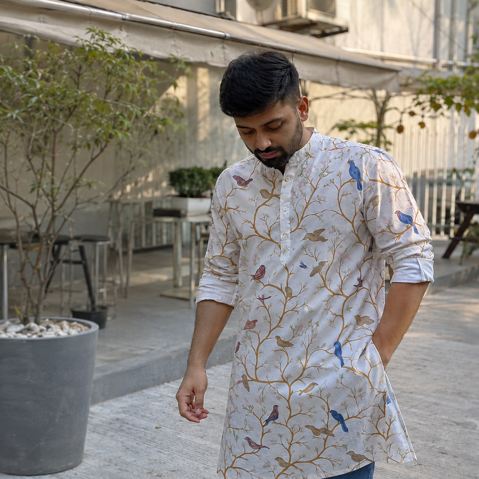 Man wearing a patterned kurta standing outdoors with plants and tables in the background