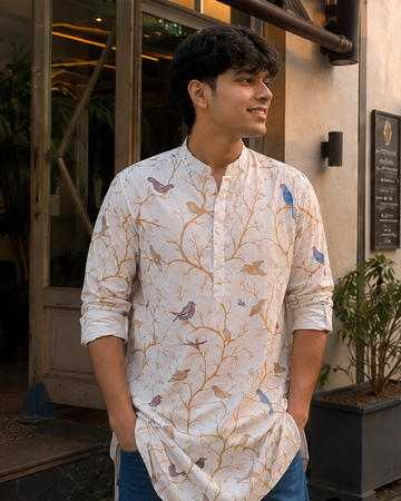 Man wearing a floral kurta standing outdoors with plants and a building in the background