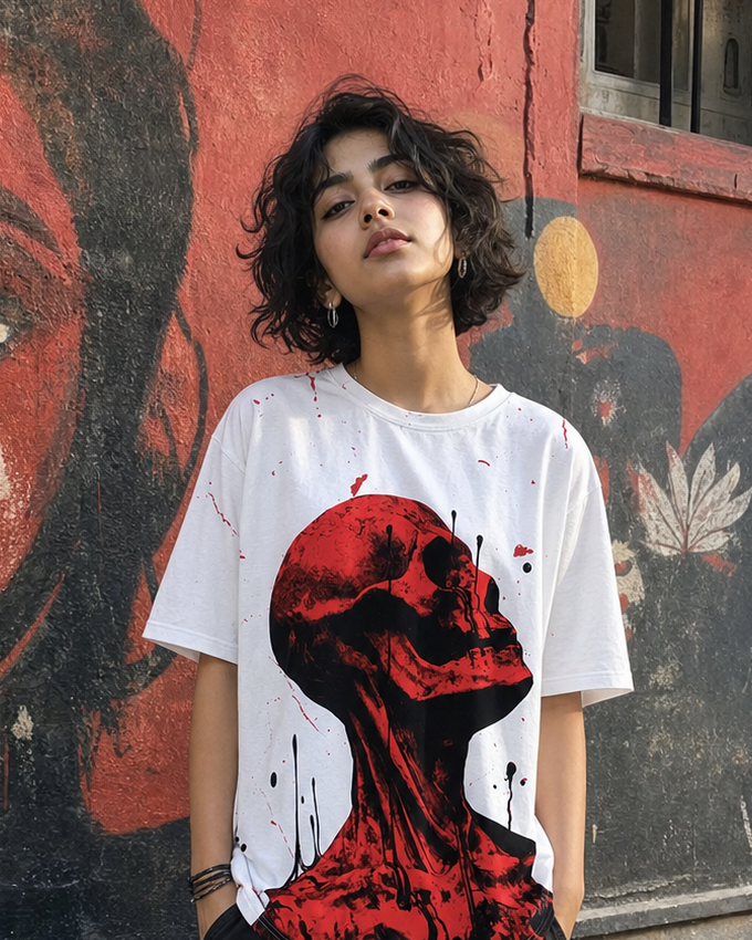 Person wearing a white t-shirt with a red and black design, standing in front of a mural.