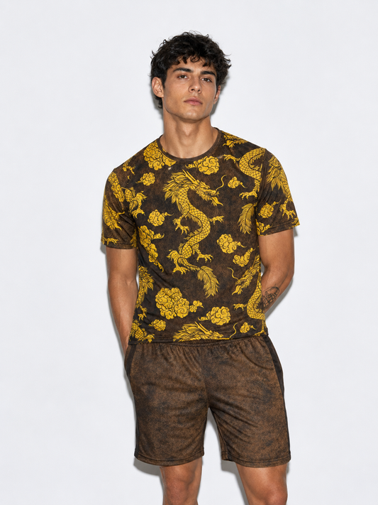 Man wearing a brown t-shirt with yellow dragon pattern and matching shorts on a white background