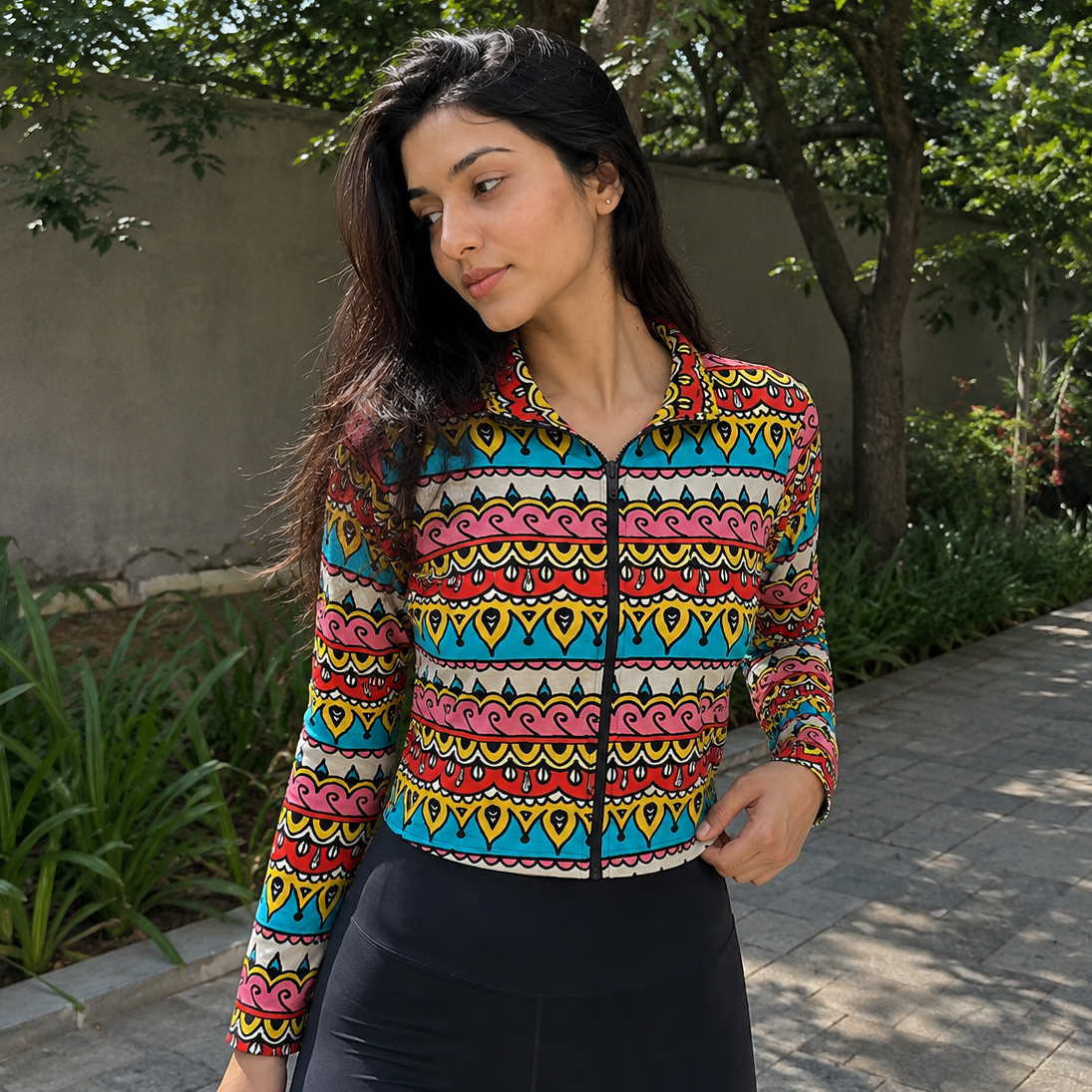 A woman wearing a colorful long-sleeve zip-up jacket with a vibrant geometric pattern in pink, yellow, blue, and black, paired with black leggings, standing outdoors on a paved walkway with trees and plants in the background.