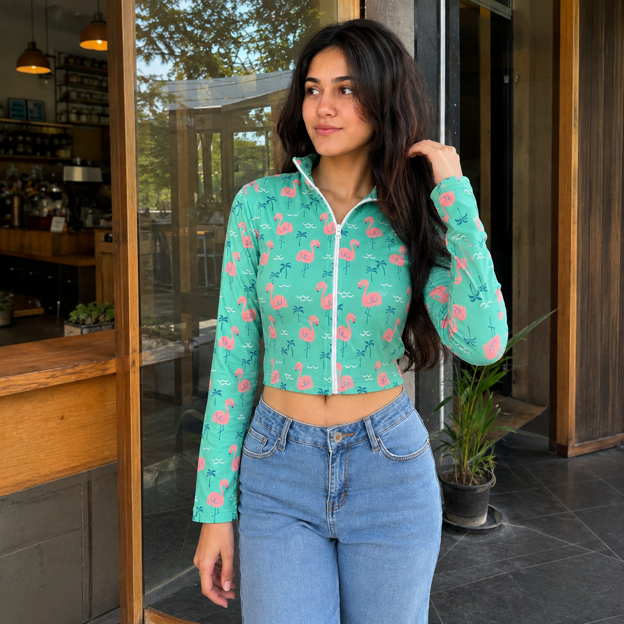 A woman wearing a mint green long-sleeve crop top with a pink flamingo pattern and white zipper, paired with light blue jeans, standing in front of a storefront.