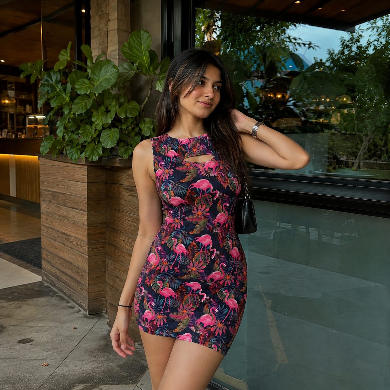 A woman stands on a sandy beach wearing a sleeveless bodycon mini dress with a pink flamingo and tropical floral print on a dark background.