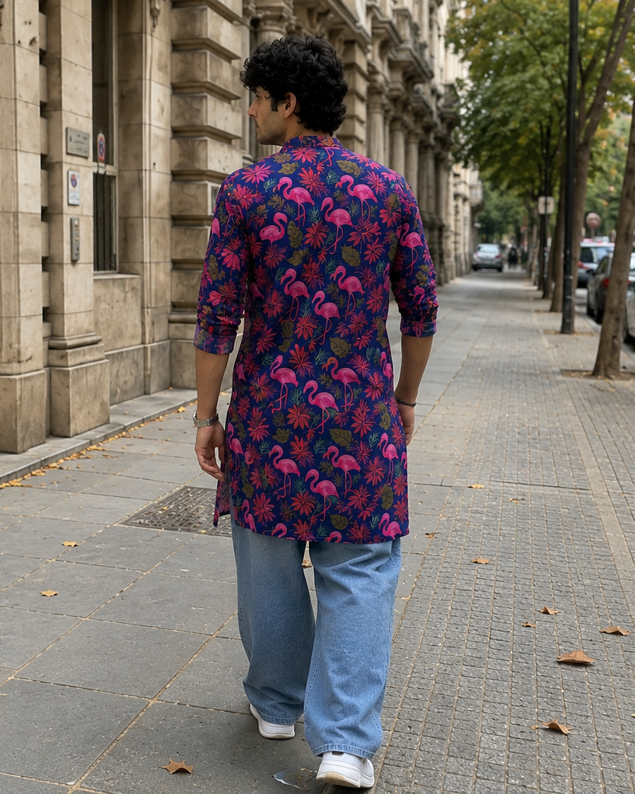 Person wearing a colorful kurta with flamingo pattern walking on a city street.