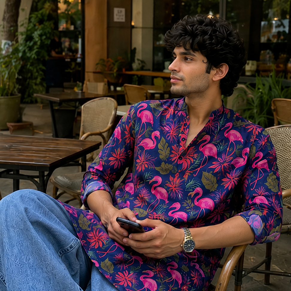 Man sitting outdoors in a colorful kurta with a pattern, holding a phone.