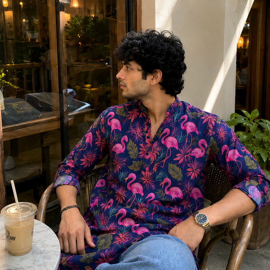 Man sitting outdoors wearing a colorful shirt with flamingo pattern, holding a drink.