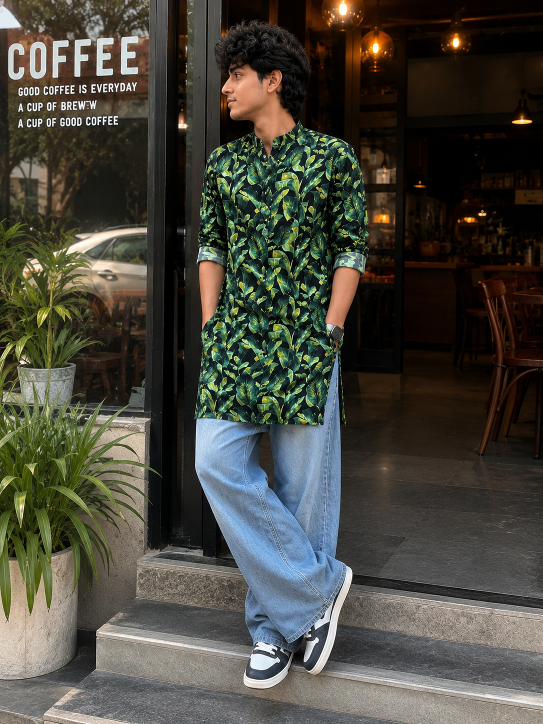 Person wearing a green patterned Kurta and blue jeans standing outside a coffee shop.