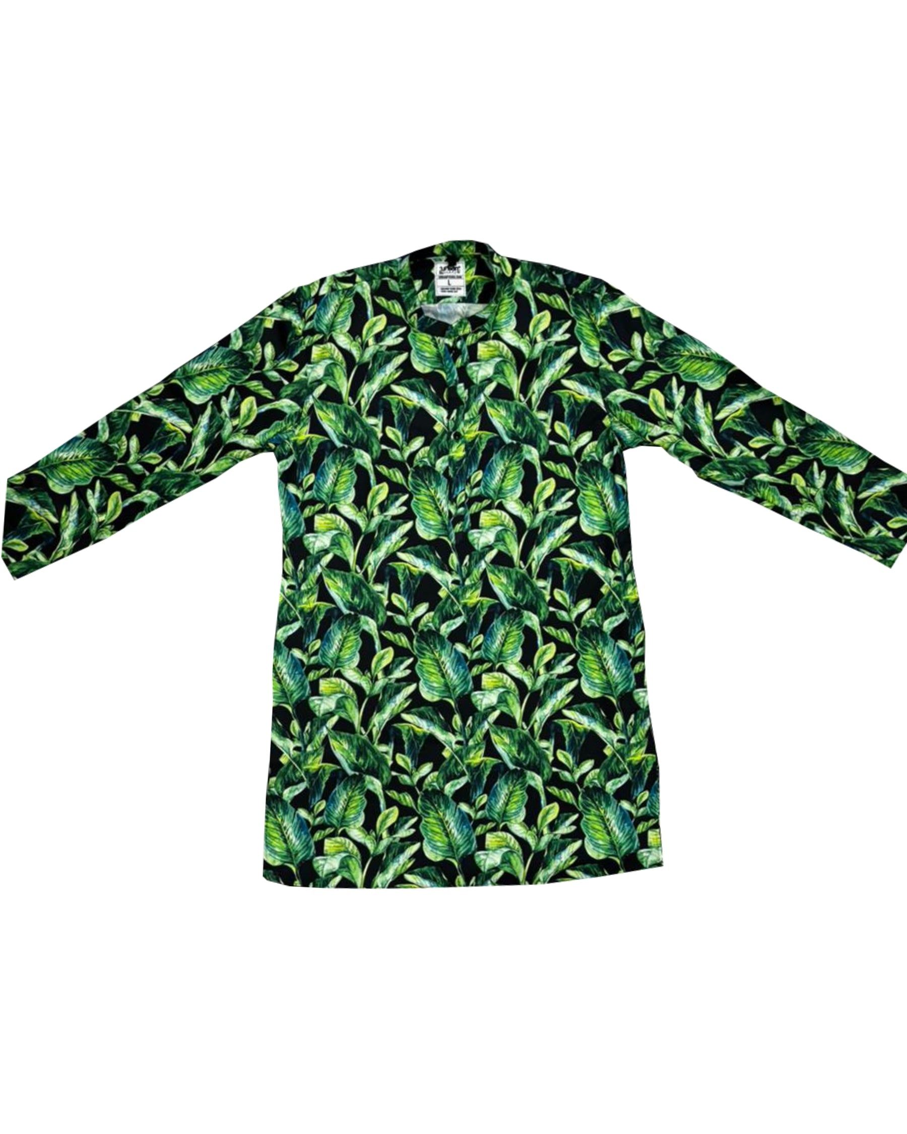 Long-sleeve kurta  with green leaf pattern on a white background
