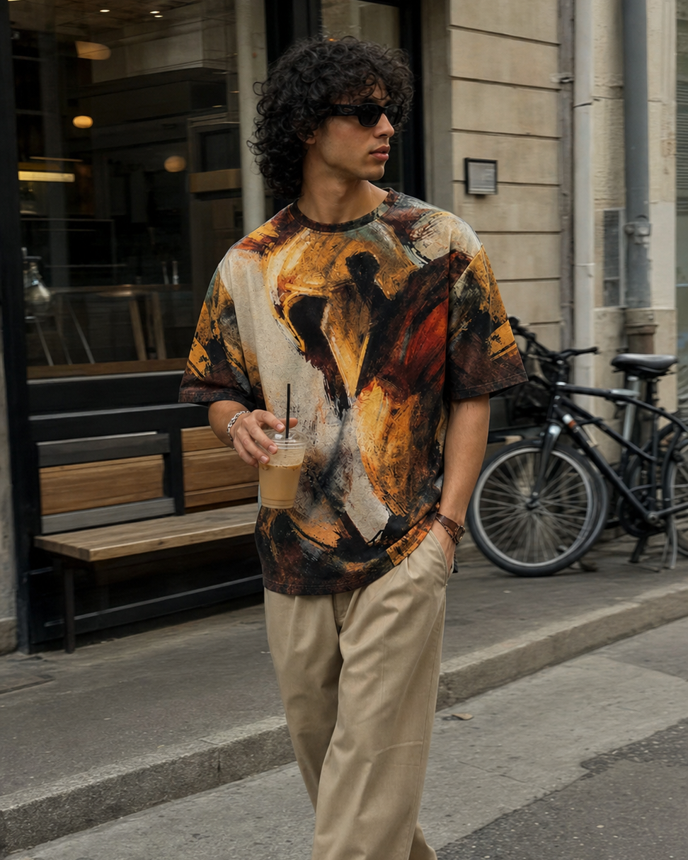 Person wearing a colorful shirt and beige pants walking on a city street.