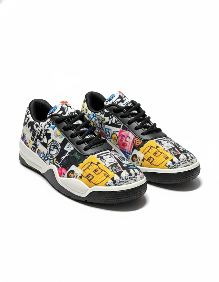 Pair of sneakers with colorful graphic design on a white background